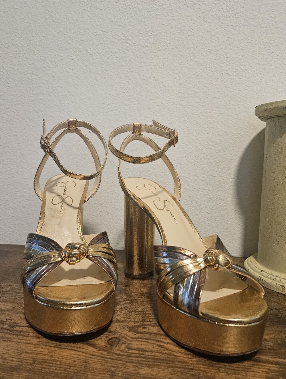 RELISTED Jessica Simpson Immie Platform Sandal Heel 8M Gold W/ Bronze And Silver